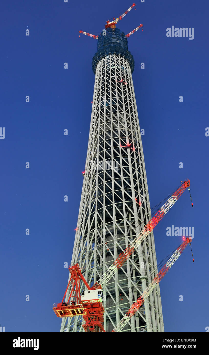 Night shot of 'Sky Tree', Tokyo`s new TV tower under construction (at 379 meters) with cranes in foreground and on top (Japan) Stock Photo